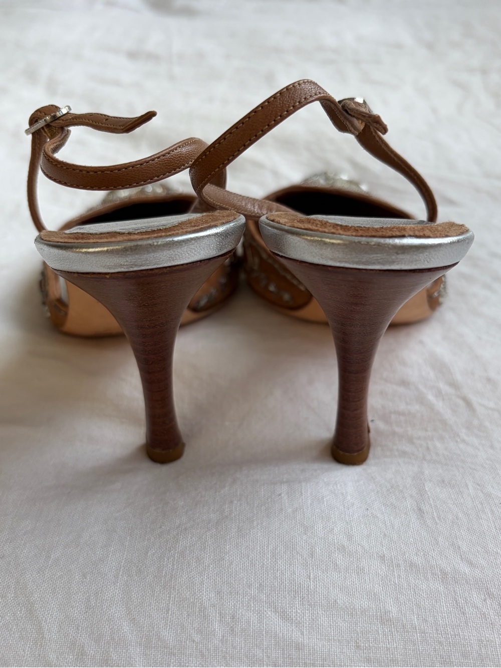 Vintage Rene Caovilla Crystal Rhinestone Suede Pointy Toe Heels Tan Silver - Picture 8 of 11